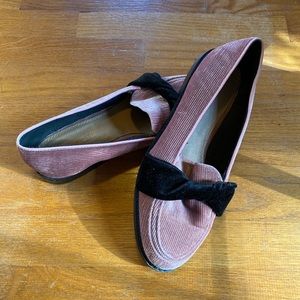 pink corduroy velvet loafers with black velvet detail